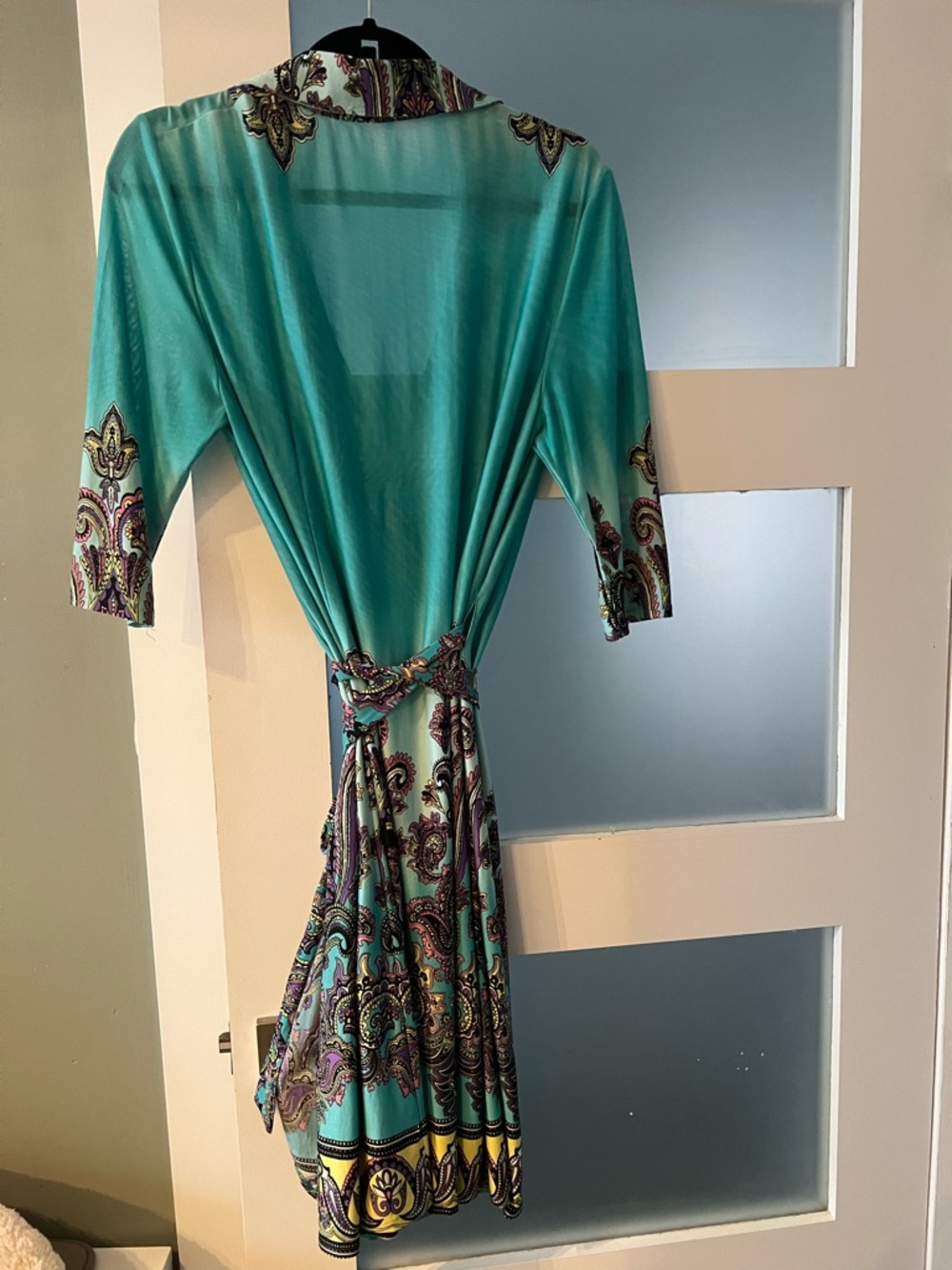Turquoise Paisley-Trim Midi Wrap Dress with Tie Waist
